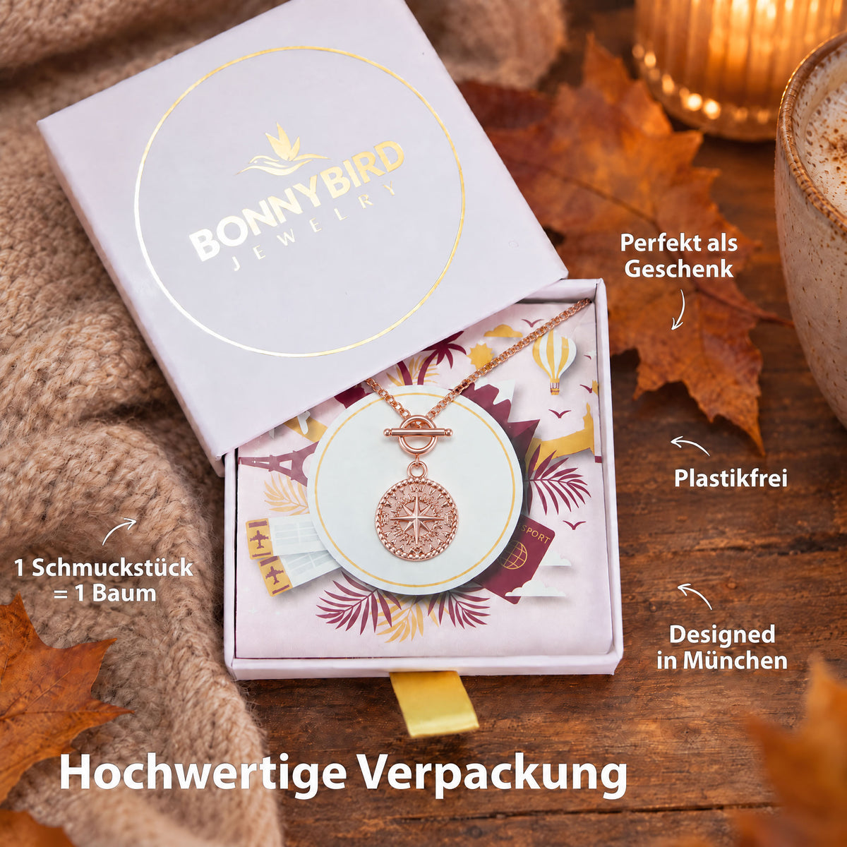 BonnyCompass Kette mit Kompass Anhänger Rosegold