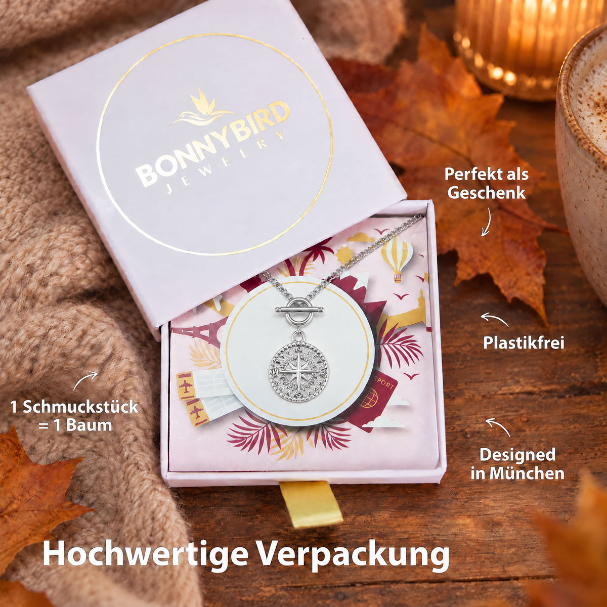 BonnyCompass Kette mit Kompass Anhänger Silber