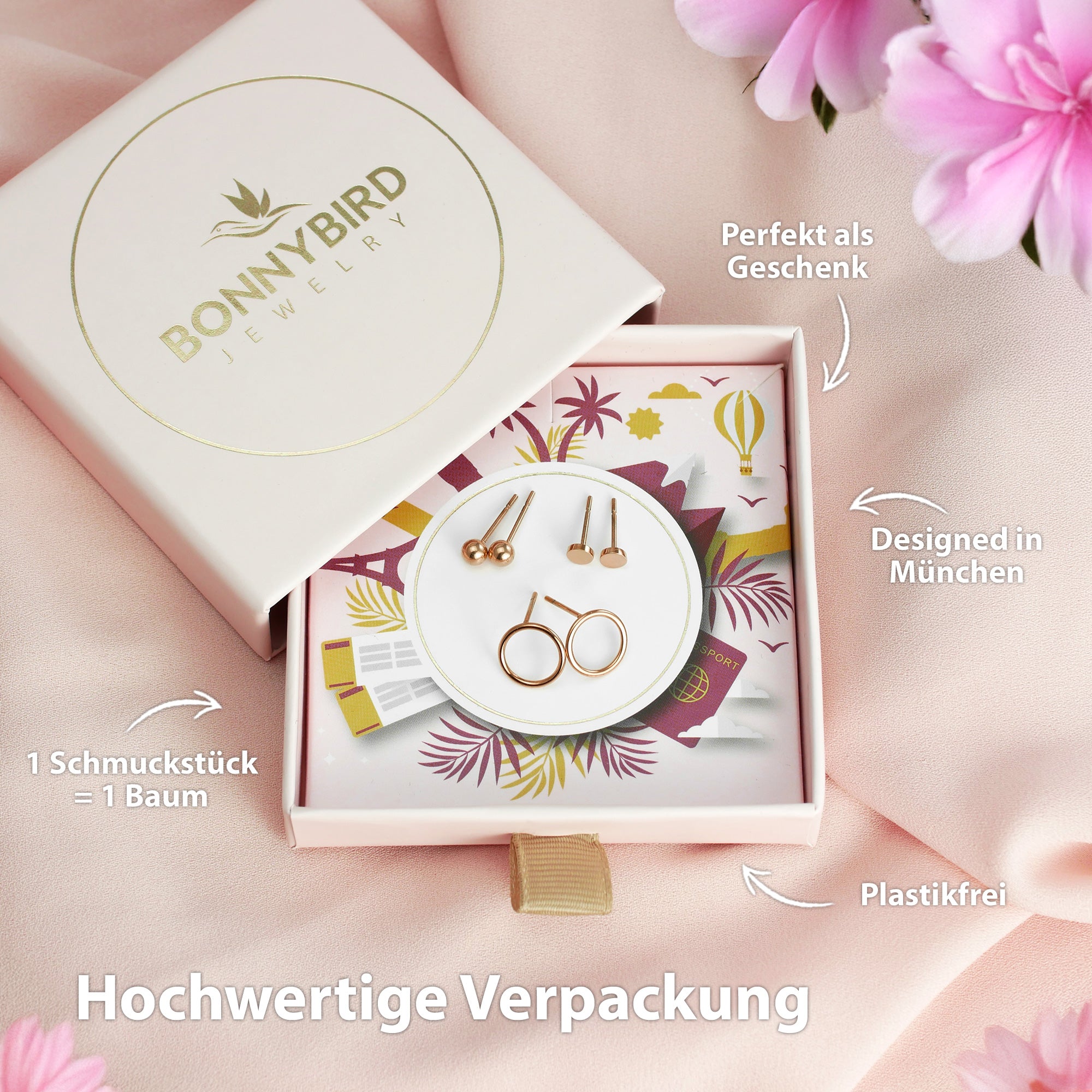Ohrstecker Set Rosegold Verpackung