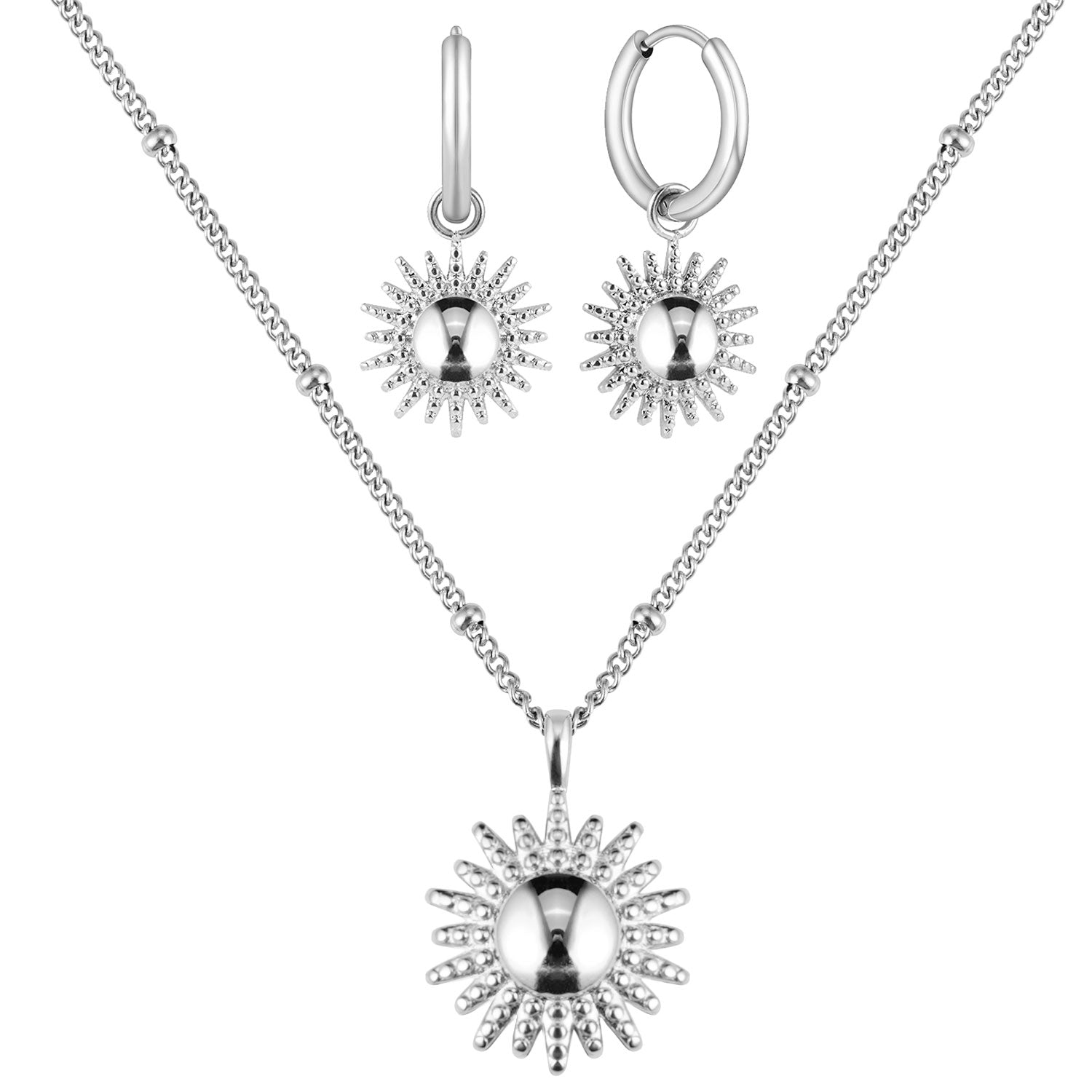 Sonnen Kette und Ohrringe Silber Edelstahl