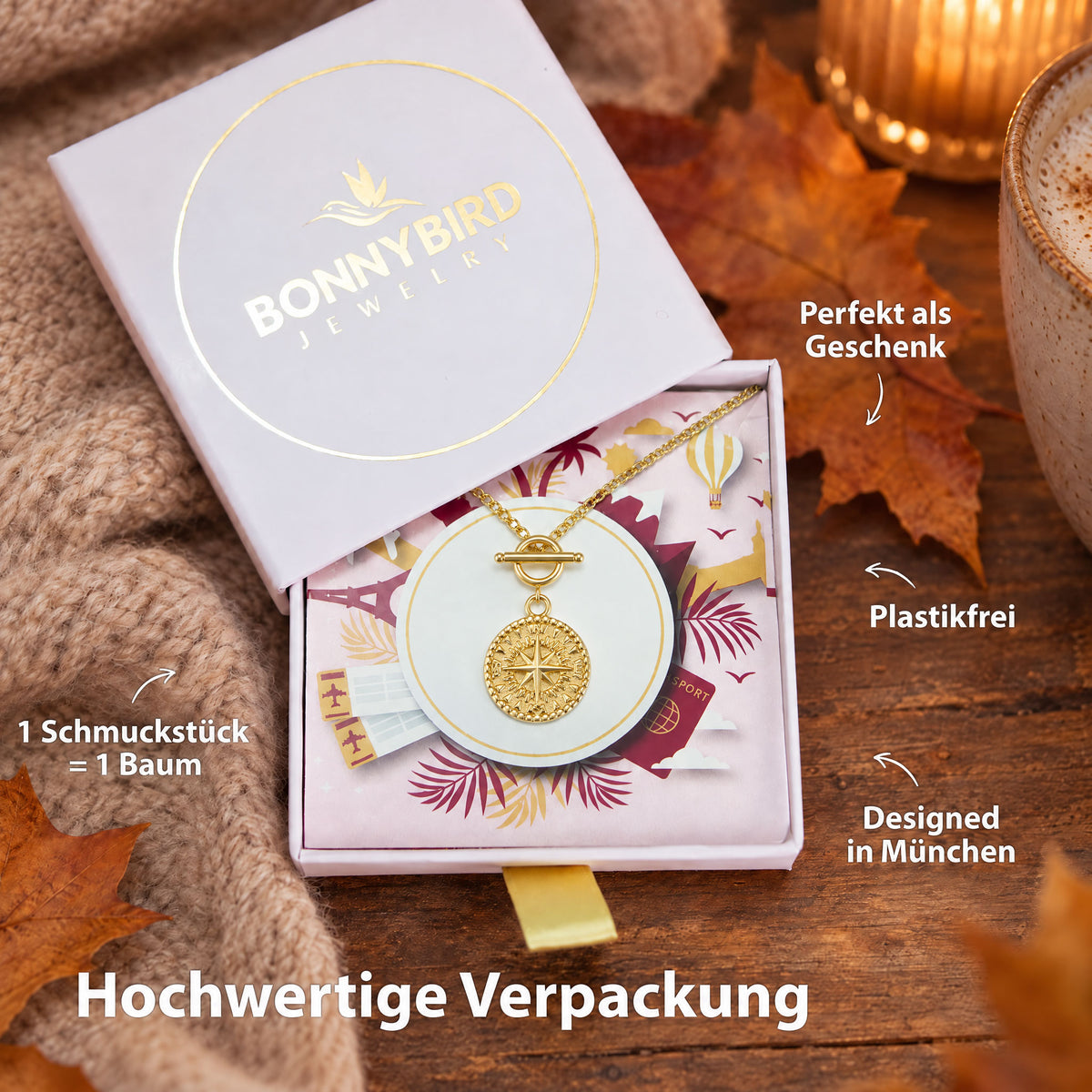 BonnyCompass Kette mit Kompass Anhänger Gold
