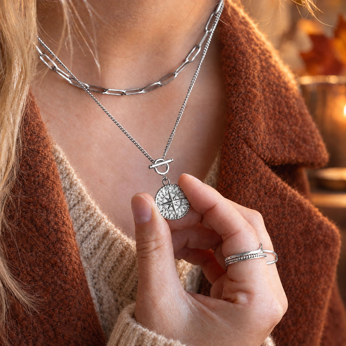 BonnyCompass Kette mit Kompass Anhänger Silber