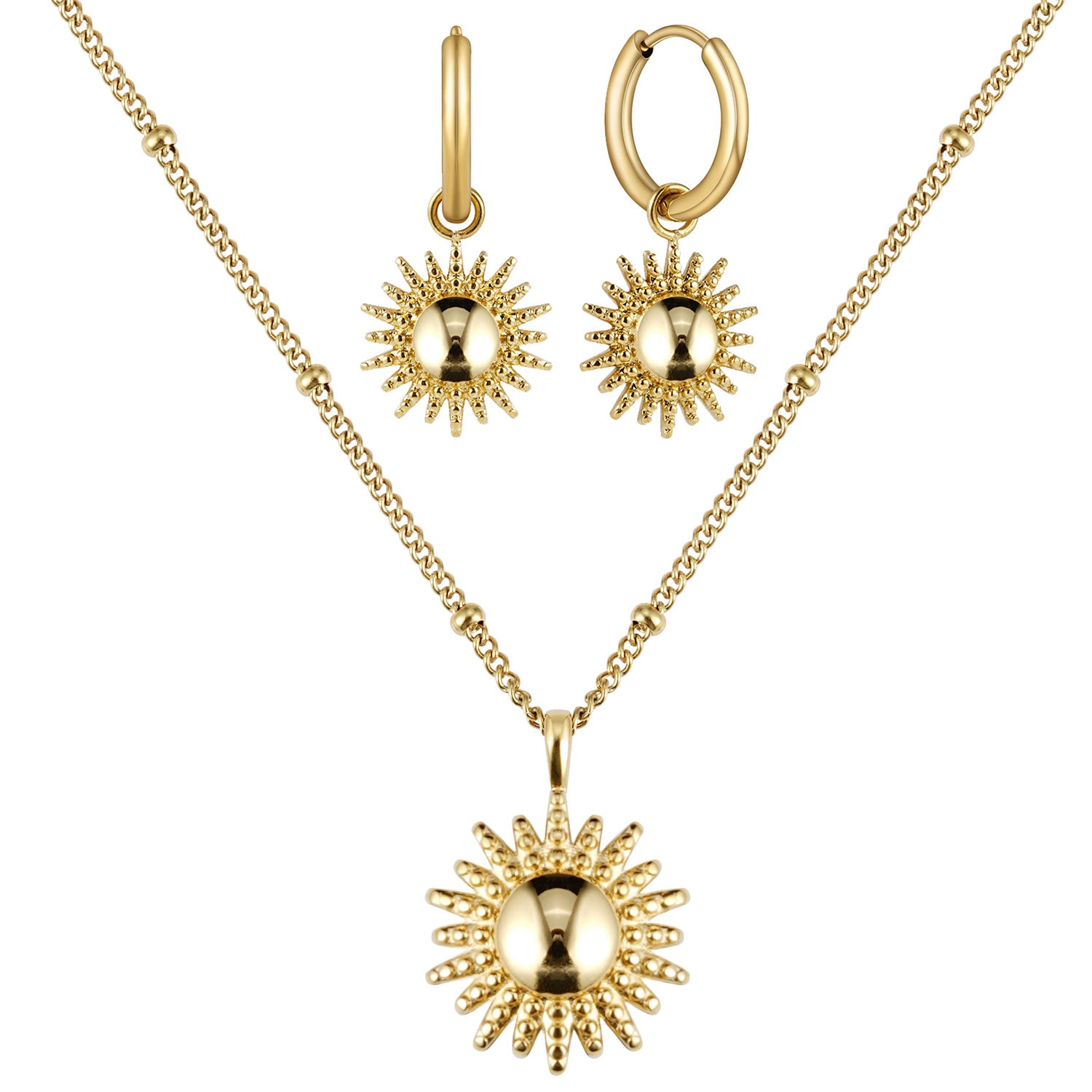 Sonnen Kette und Sonnen Ohrringe Gold
