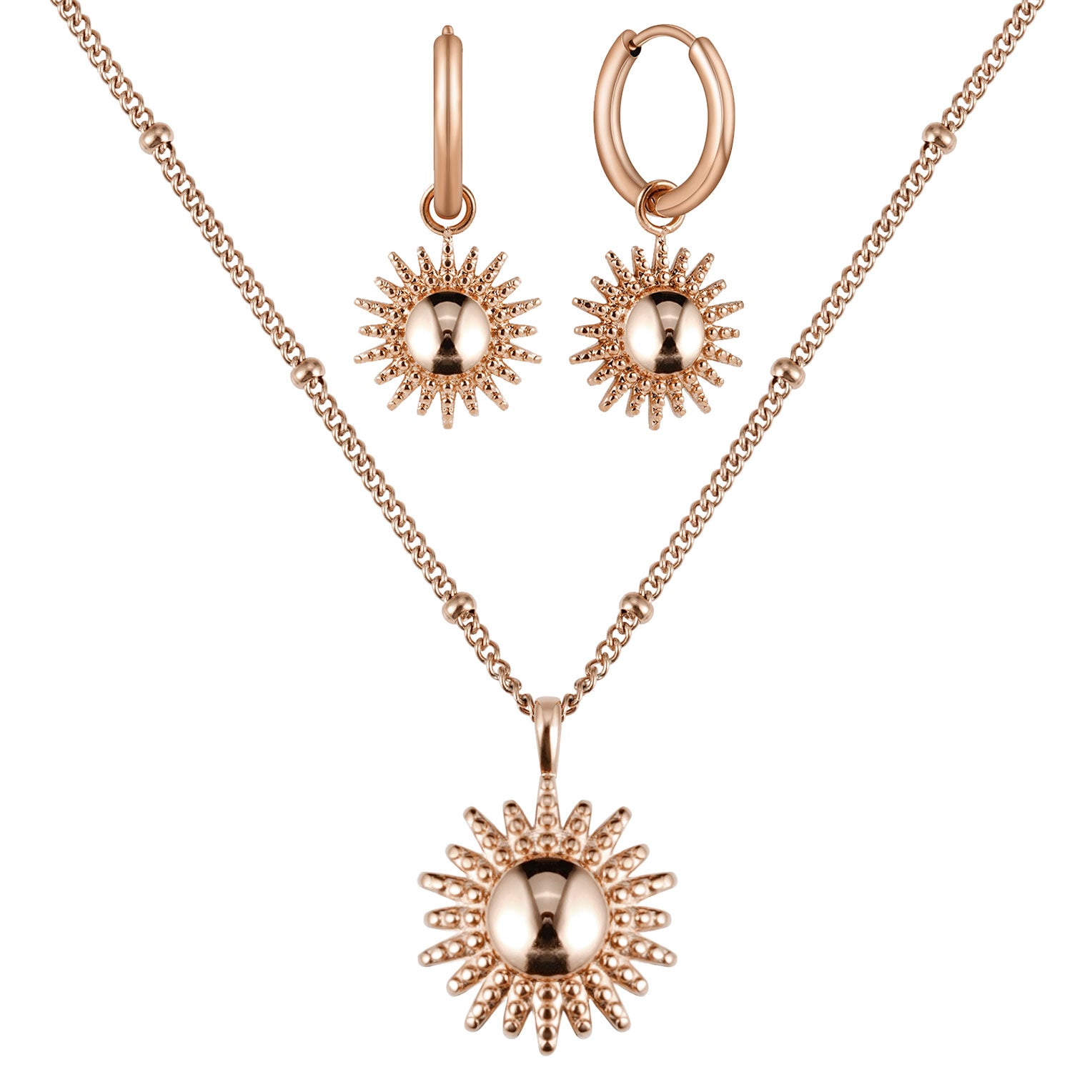Sonnen Kette und Sonnen Ohrringe Rosegold